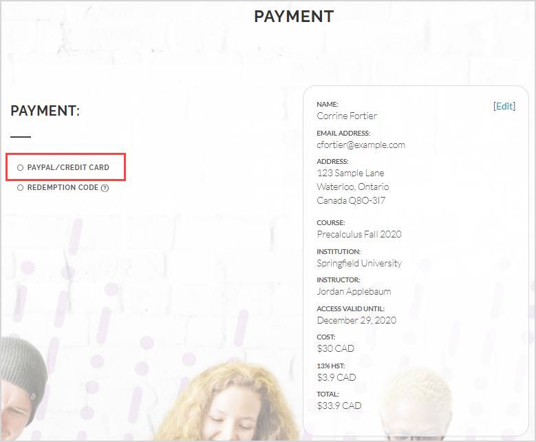 The "PayPal/credit card" option is the first option on the Payment page of the Webstore.